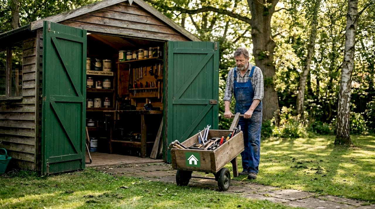 Person rolling tool cart into garden workshop shed