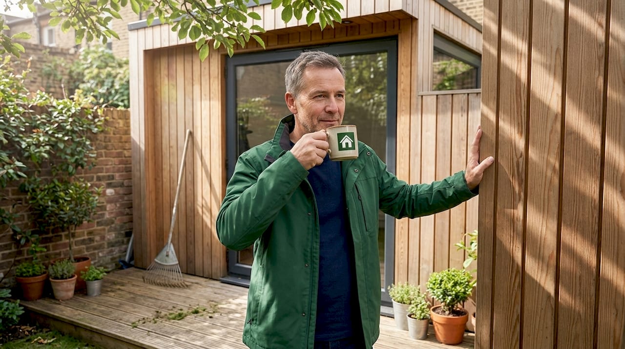 Homeowner examines garden room wood cladding