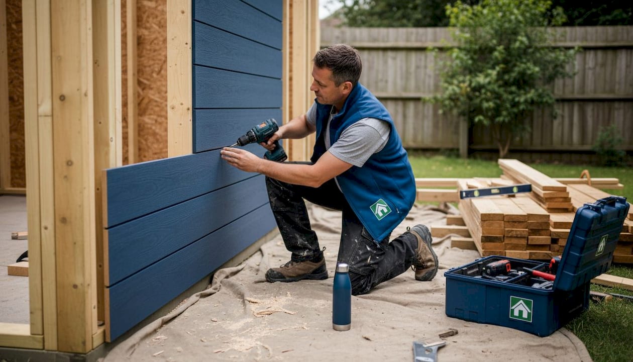 Contractor fits composite cladding on wall