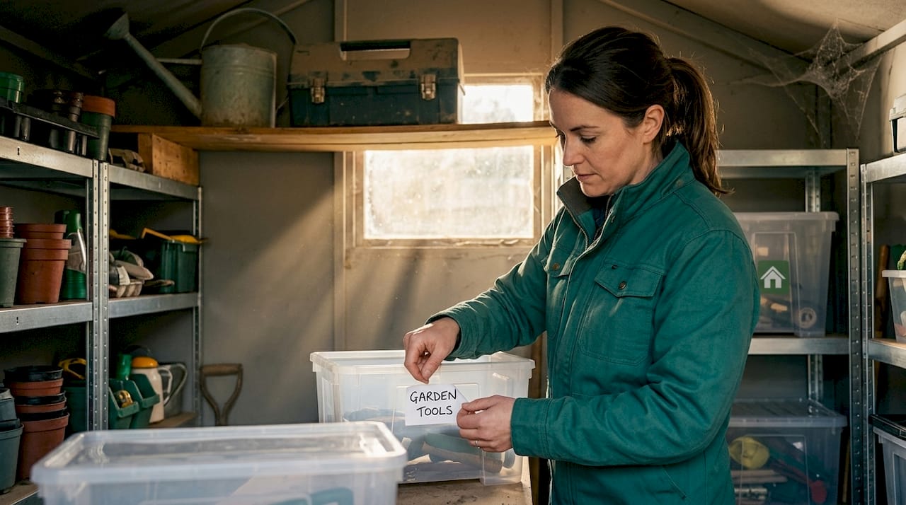 Woman labelling clear storage box in shed