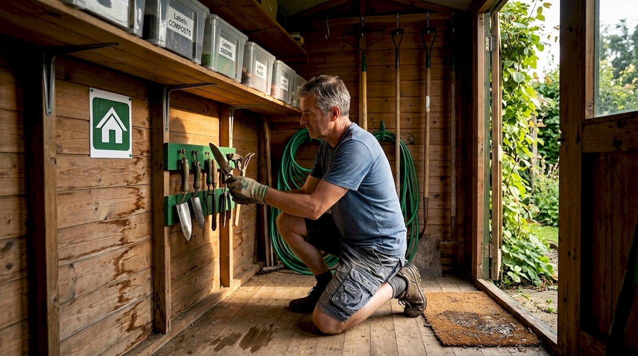 Homeowner organizing tools in garden shed