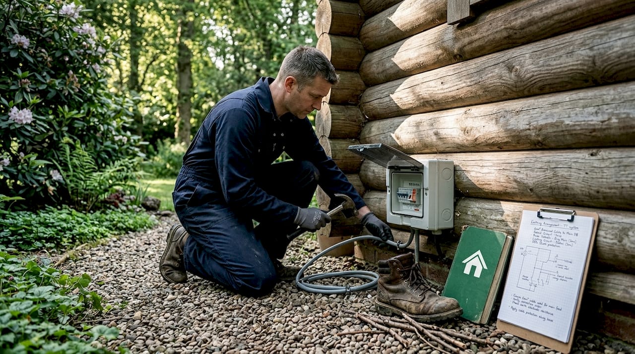 Electrician installing outdoor garden room cable