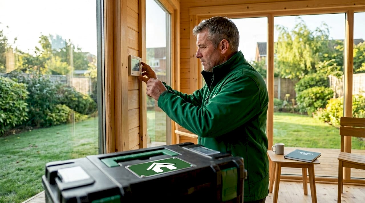 Homeowner checking garden room electrics