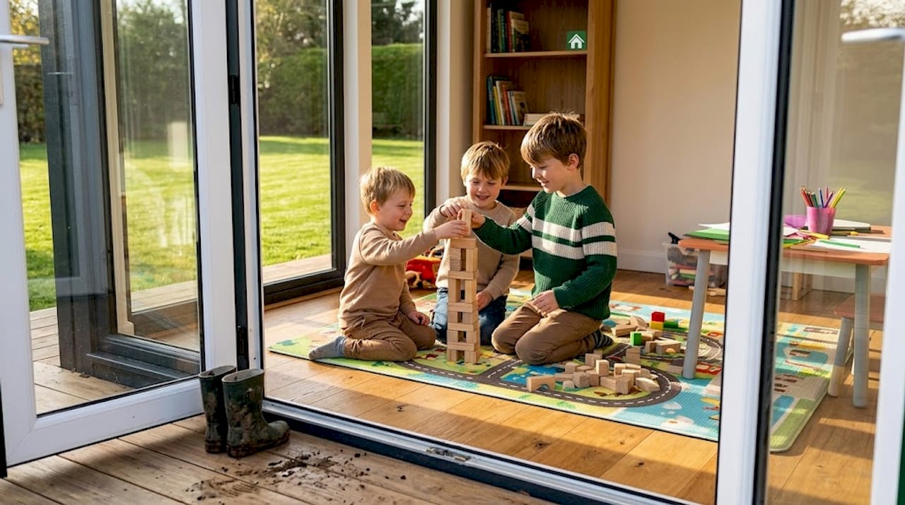Children building blocks in bright garden playroom