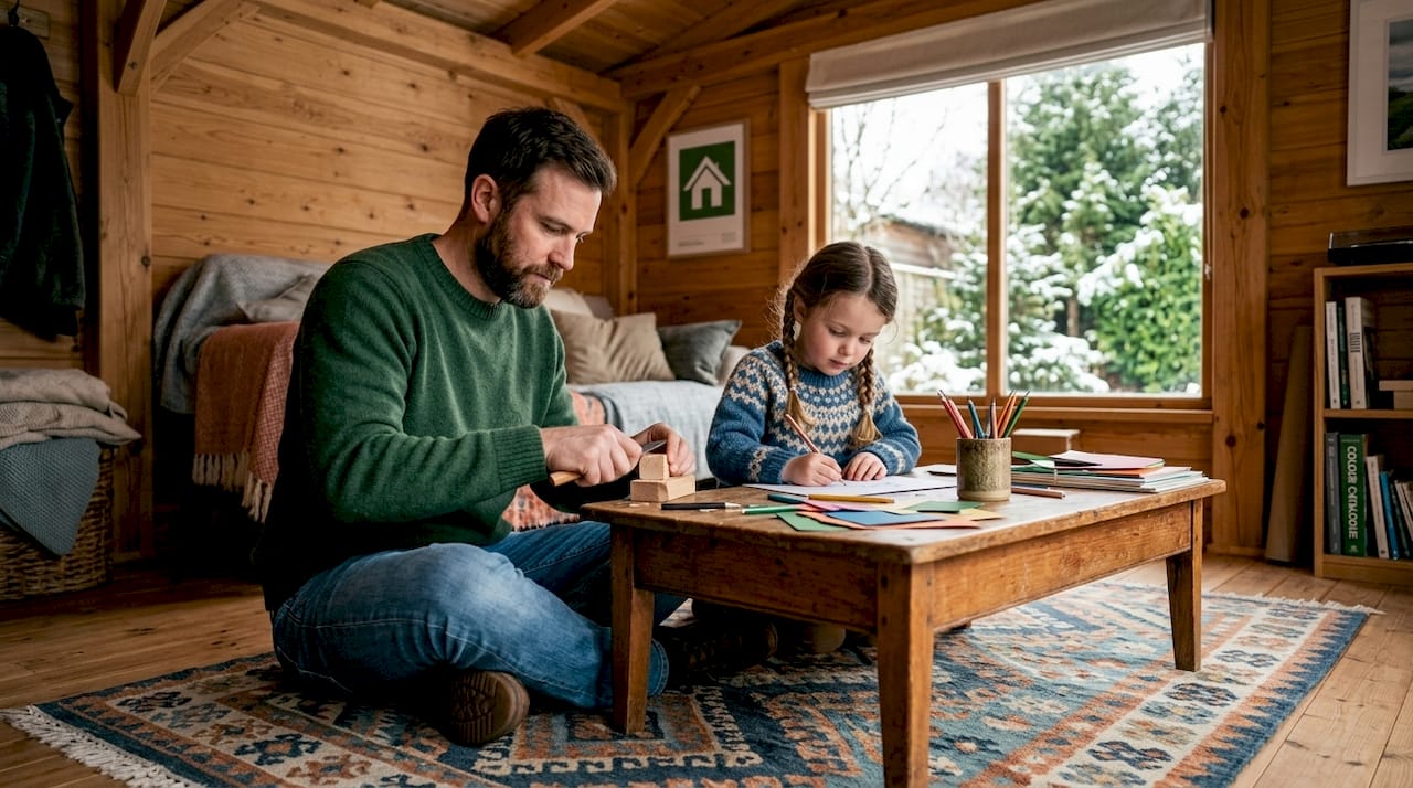 Parent and child crafting in warm playroom