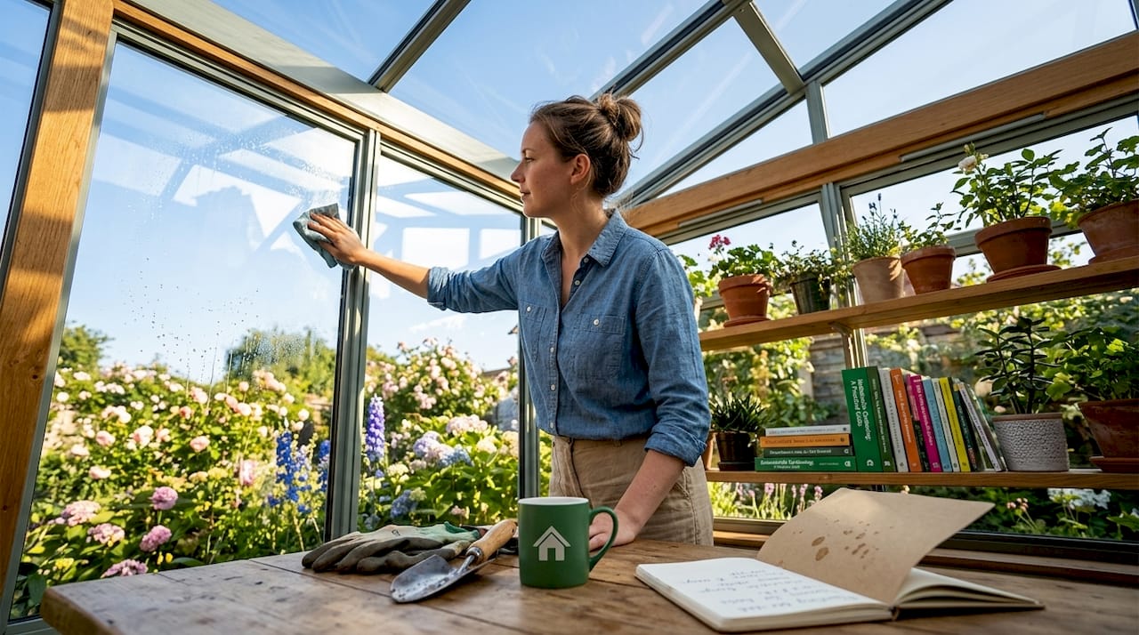 Woman cleaning condensation in garden office