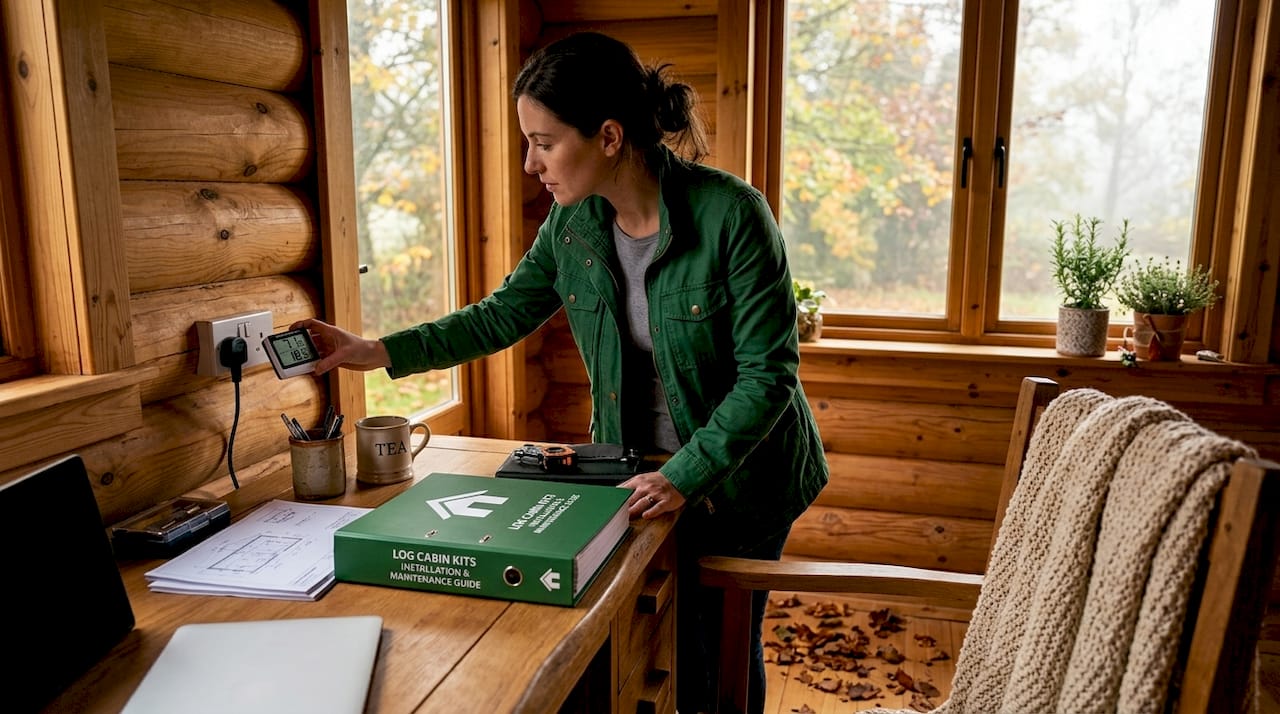 Woman checks hygrometer in insulated garden cabin