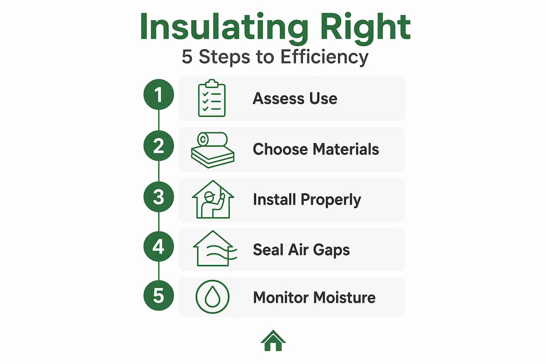 Infographic showing five steps for efficient garden building insulation
