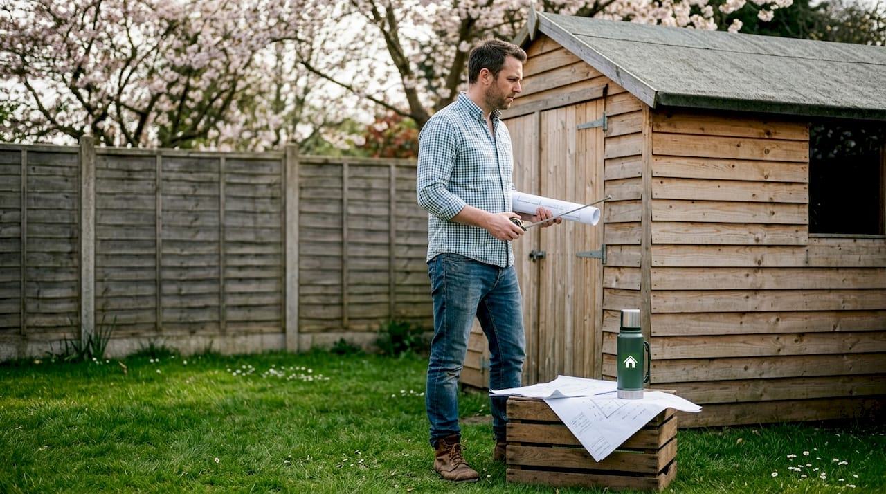 Man measuring height of garden shed