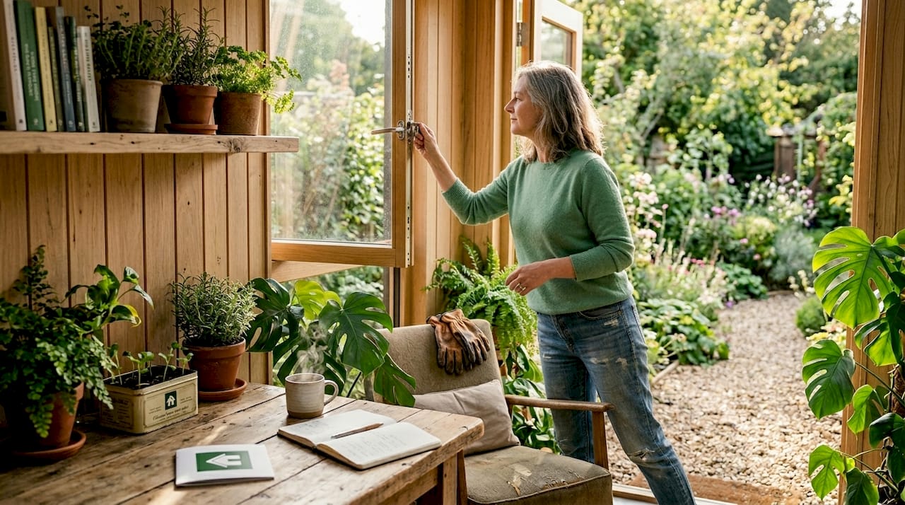 Woman opening window in garden room