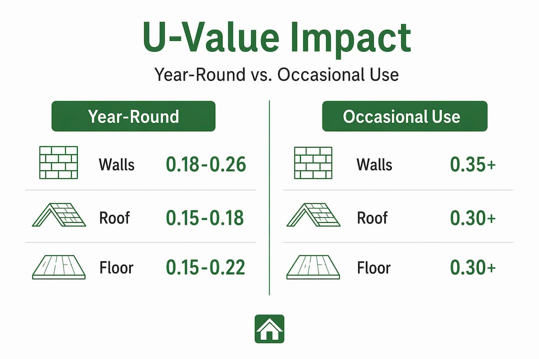 Infographic comparing U-values for garden room use types