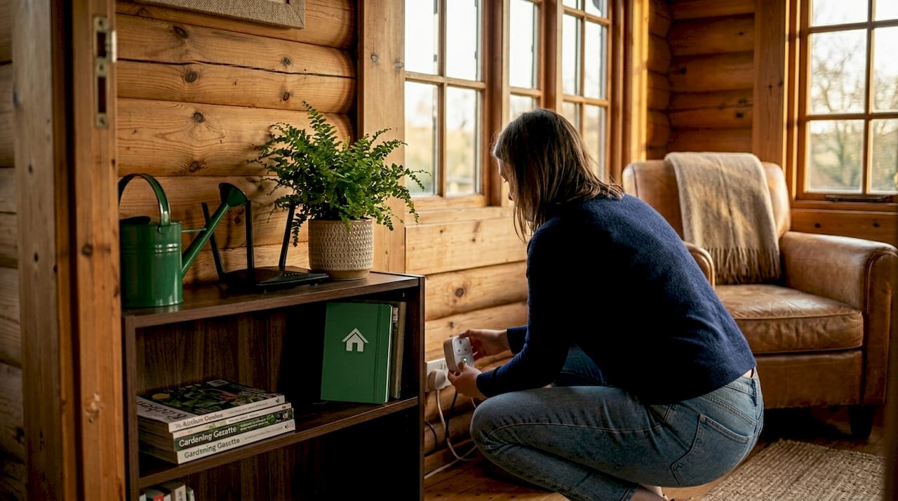 Smart plug hidden behind log cabin furniture
