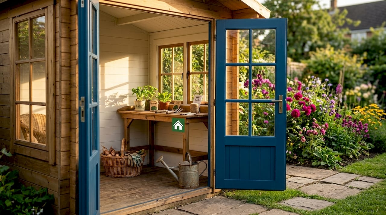 Log shed with french doors and windows