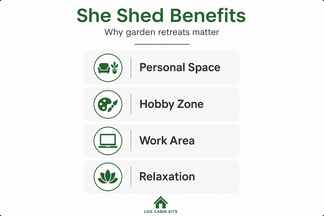 Infographic outlining she shed benefits in four steps