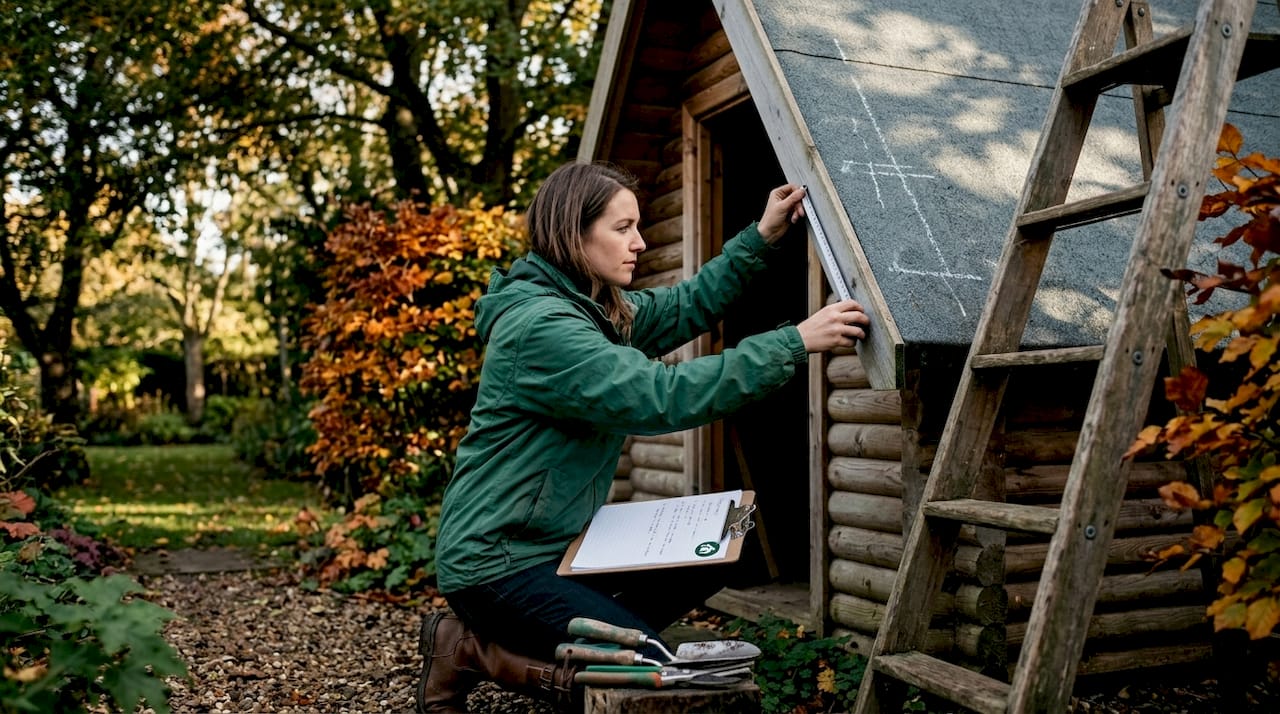 Woman measuring pitch of A-frame roof