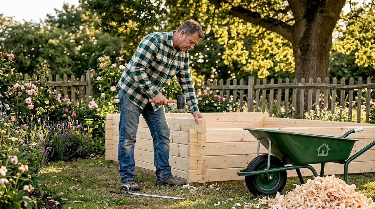 Man assembling tongue and groove log wall