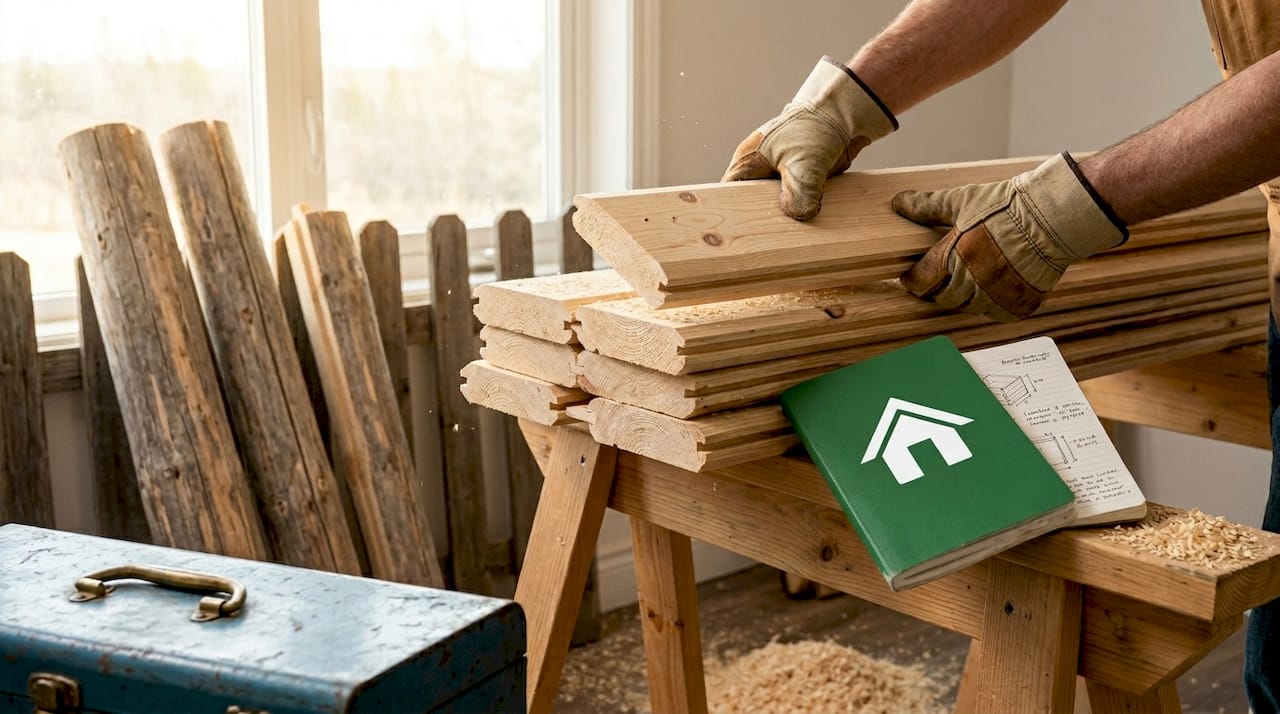 Close-up hands stacking tongue and groove logs