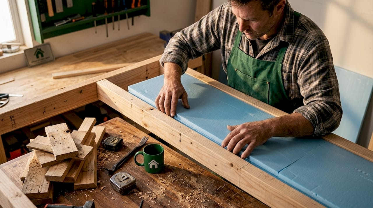 Carpenter installing insulation in timber cabin wall