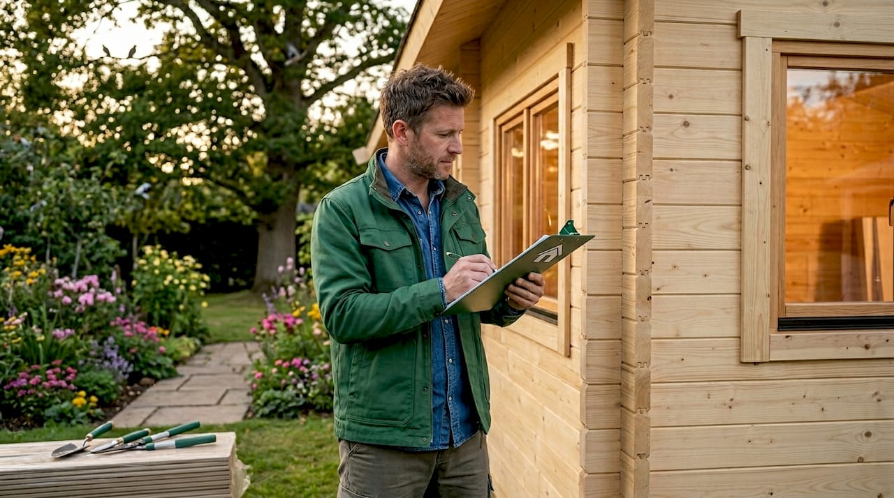 Homeowner inspecting timber twin skin cabin