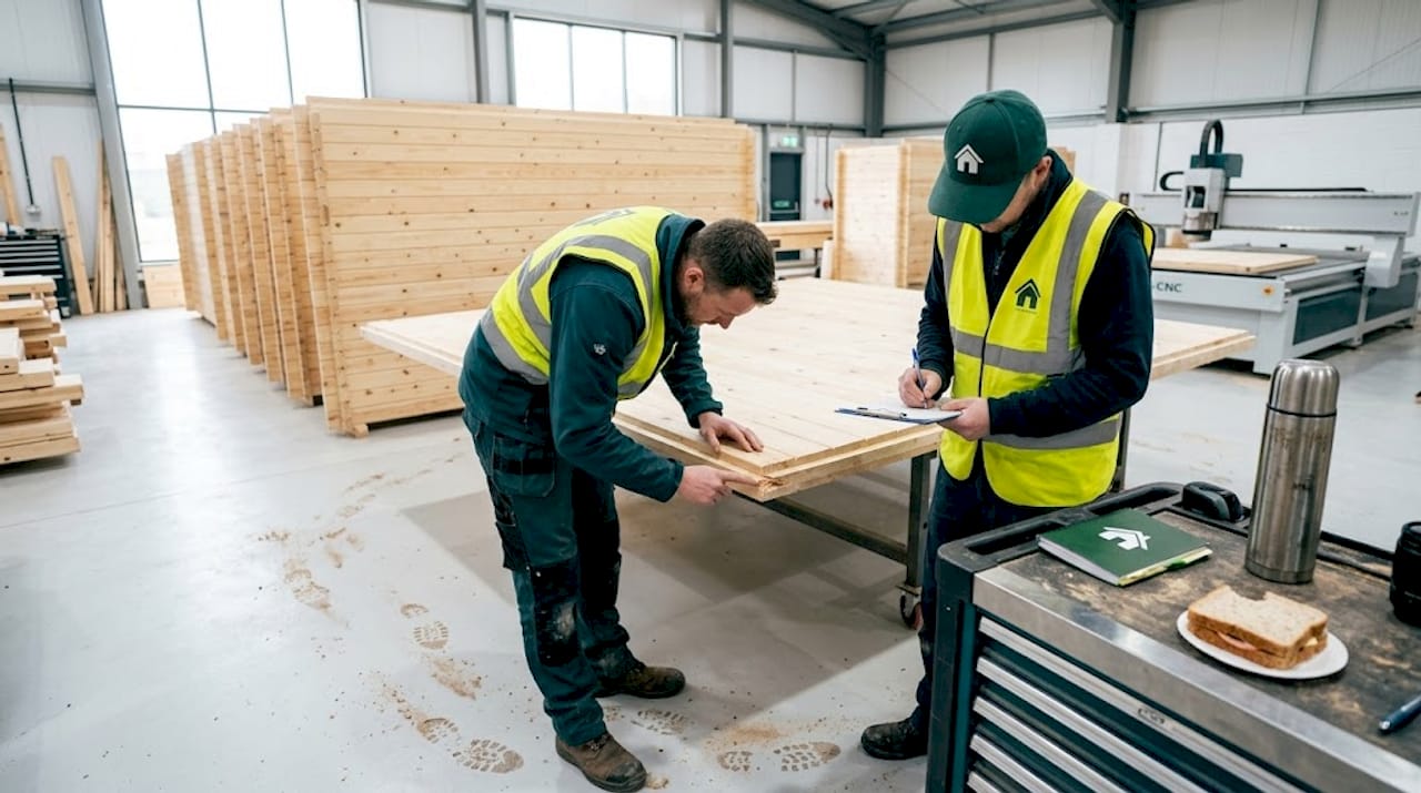 Factory workers inspecting modular wood panels