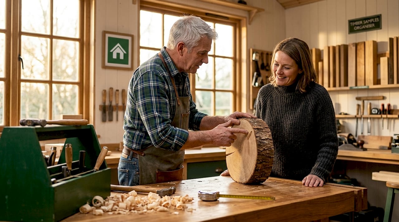 Carpenter demonstrates log wall section in workshop