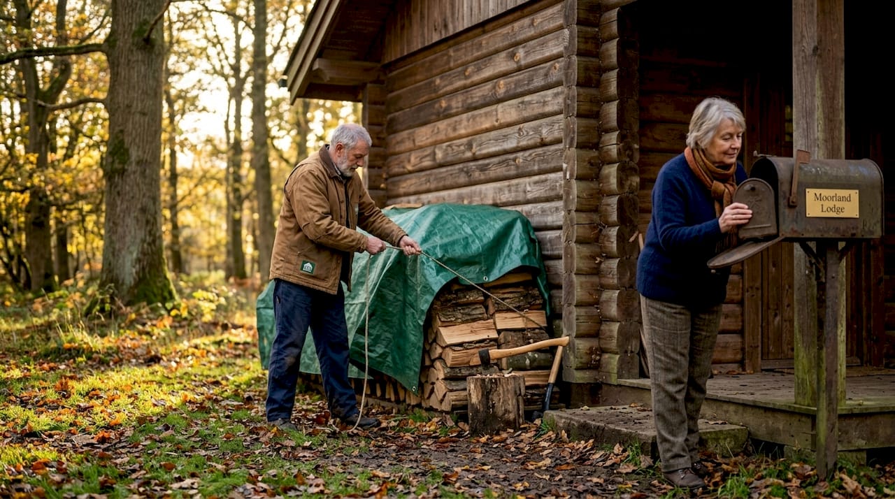 Couple stacking firewood beside log cabin