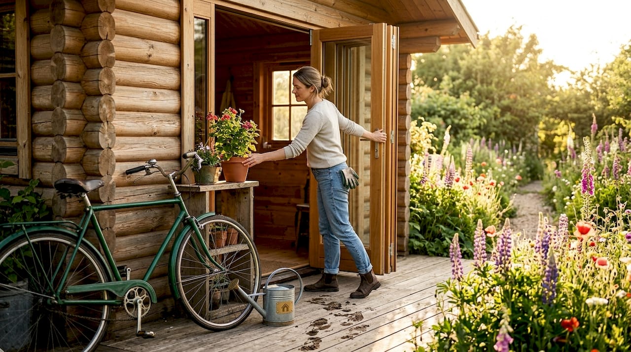 Opening bifold doors on garden log cabin