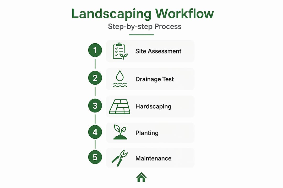 Infographic showing landscaping steps for a garden cabin
