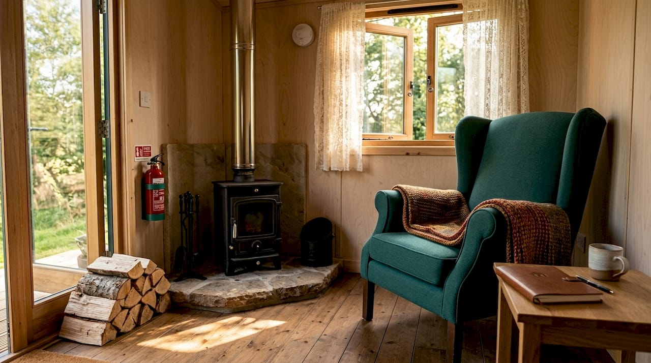 Wood-burning stove area with fire safety items inside cabin