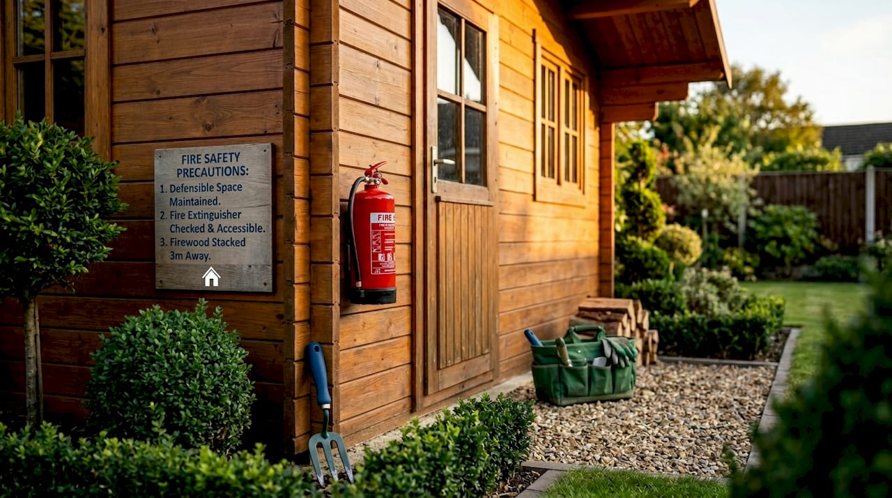 Exterior of garden cabin with fire safety elements