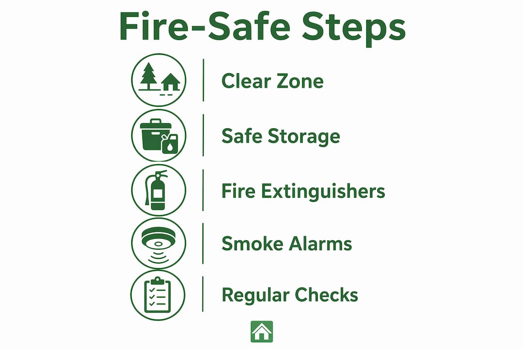 Infographic summarizing fire safety steps for garden cabins