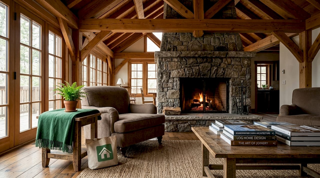 Warm chalet cabin living room interior
