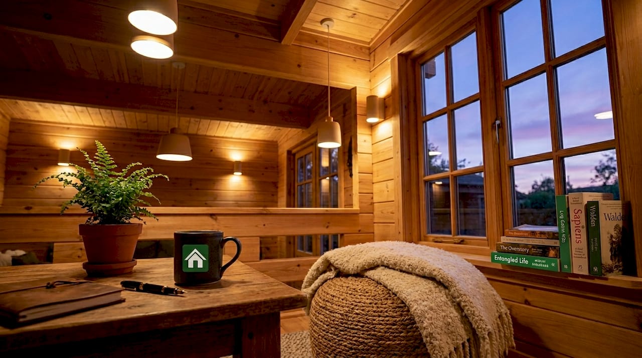 Warmly lit garden cabin interior at dusk