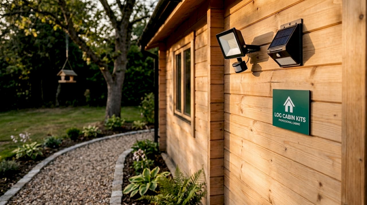 Outdoor lighting fixtures on garden cabin wall