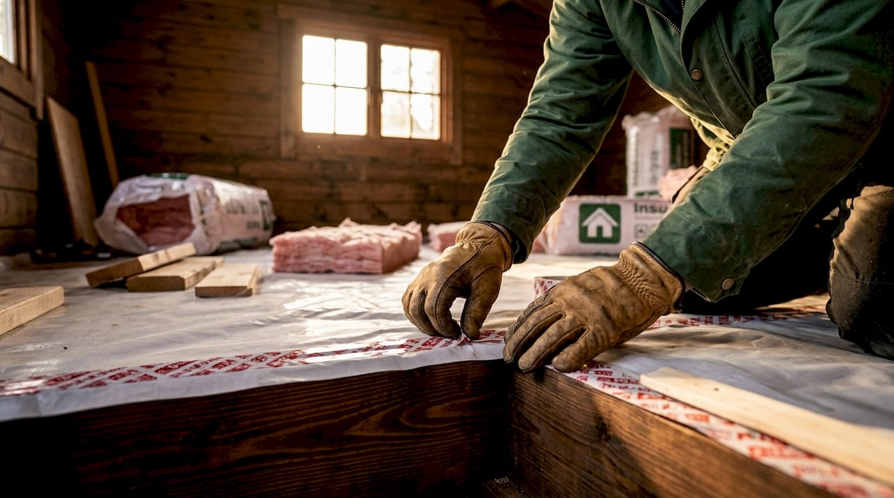 Hands taping vapor barrier in cabin floor