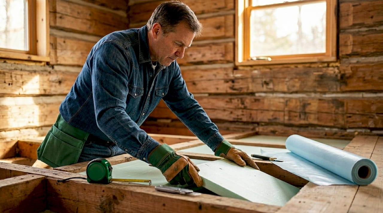 Person installing cabin floor insulation