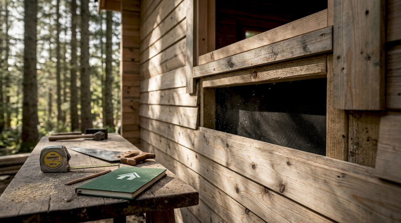Close-up of cabin exterior showing wooden cladding and air gap
