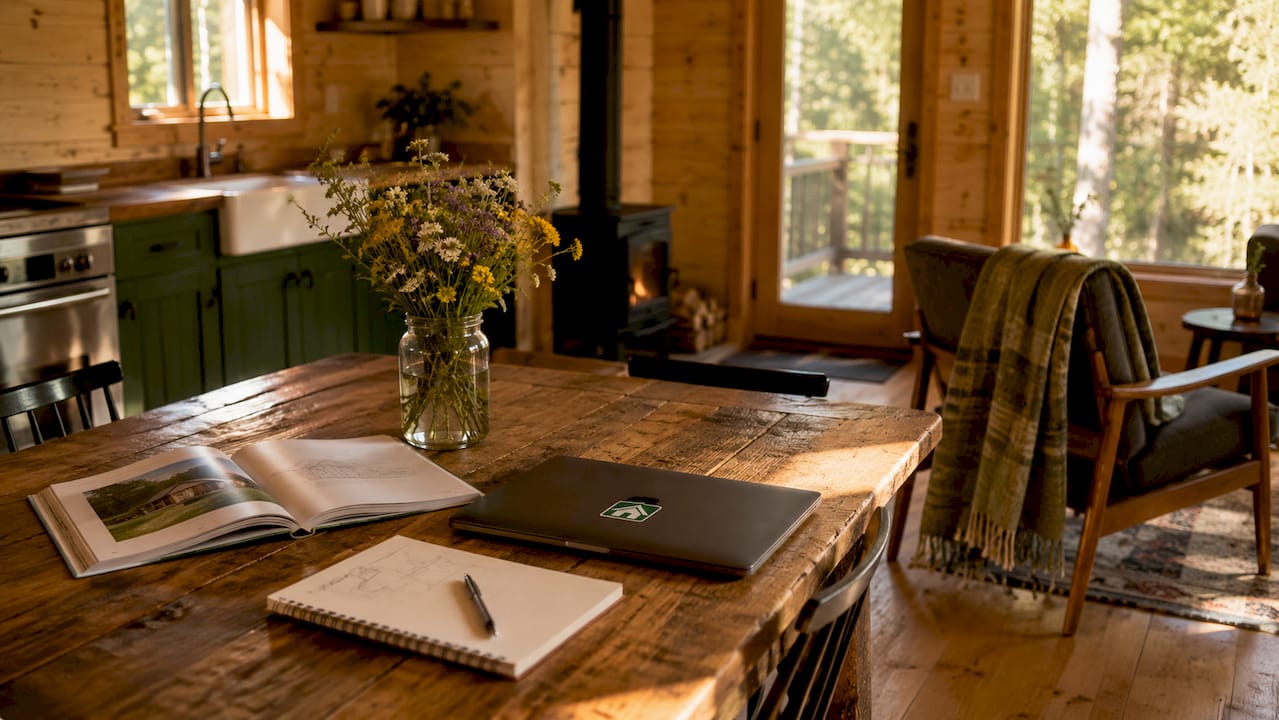 Open-plan cabin interior layout overhead view