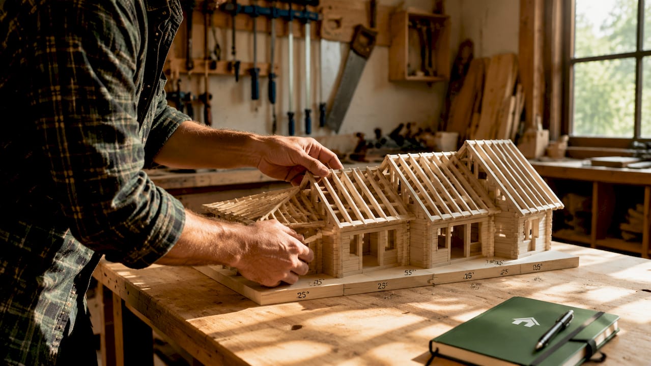 Hands holding garden cabin roof pitch models