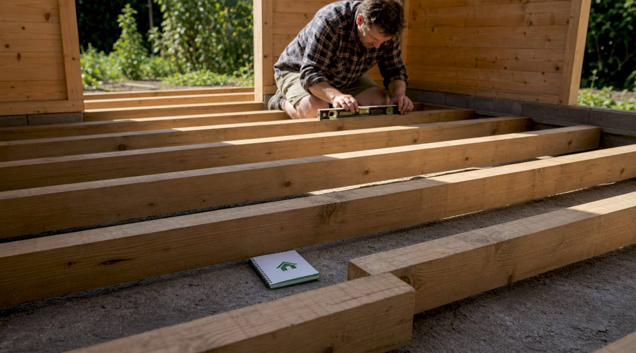 Close-up of cabin floor joists with measuring tape