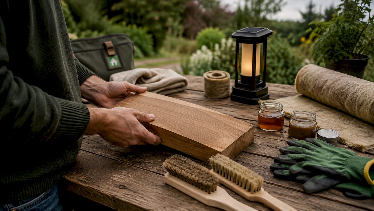 Hands testing sustainable timber in outdoor workshop