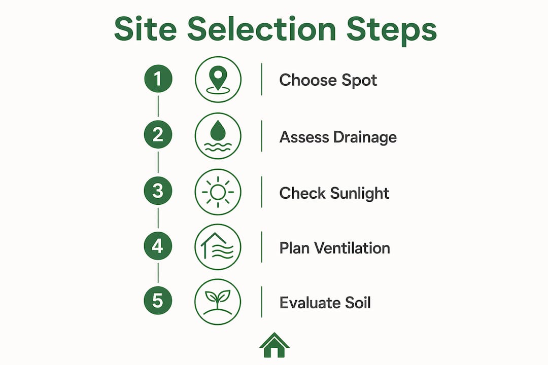 Infographic showing steps for eco-friendly garden building site selection