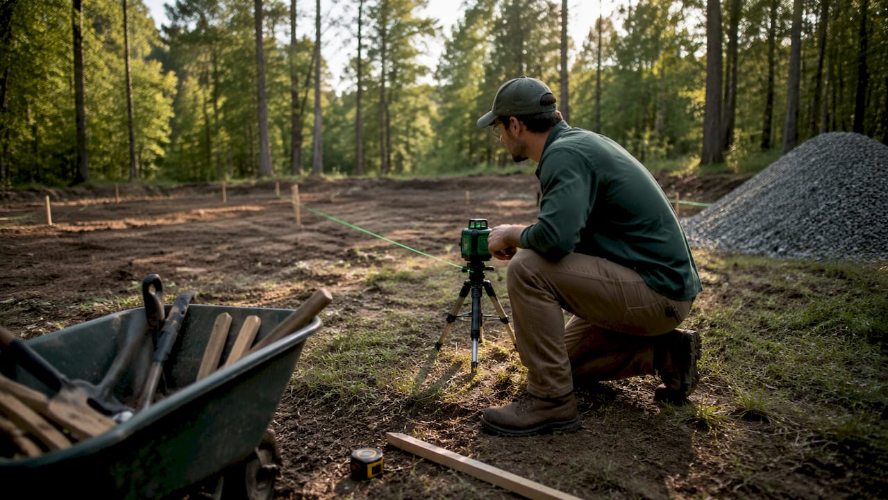 Hands measuring ground for cabin foundation