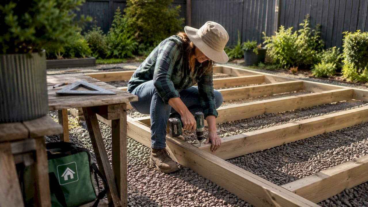 Hands assembling timber frame cabin base