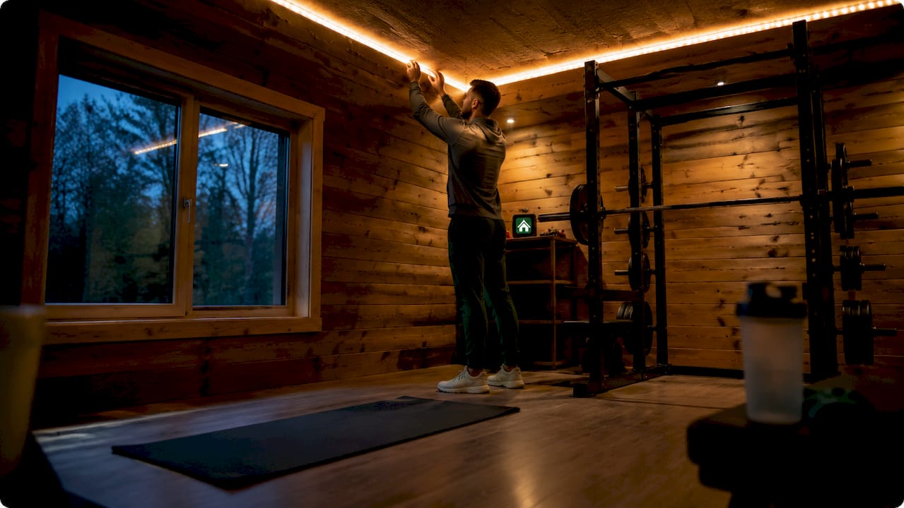 Man adjusting vent inside modern insulated cabin gym