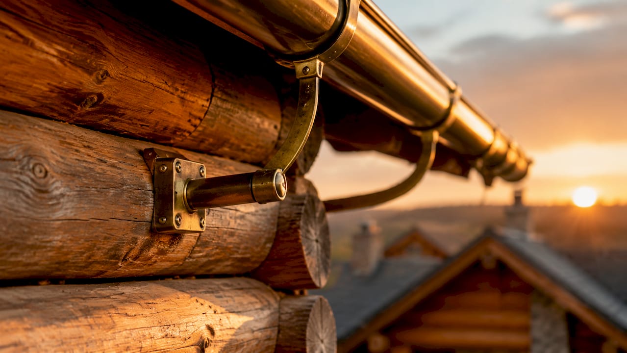 Detailed view of gutter mounting hardware on log cabin