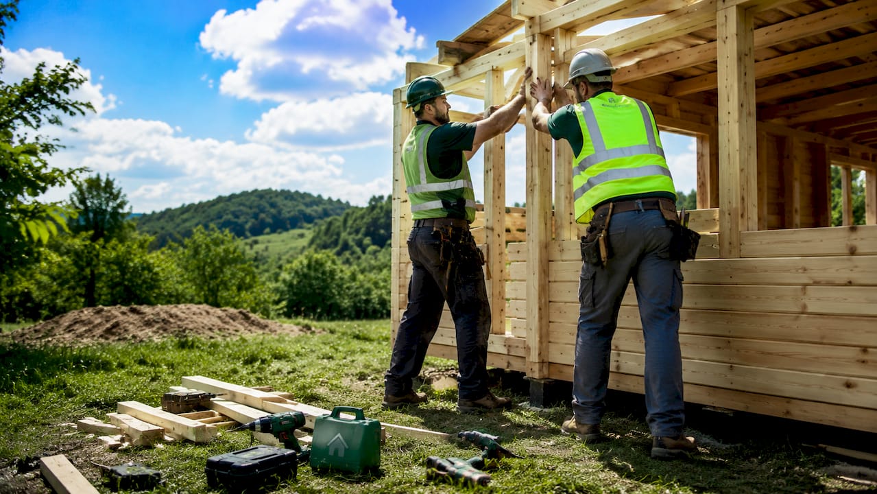 Workers measuring timber at cabin build site