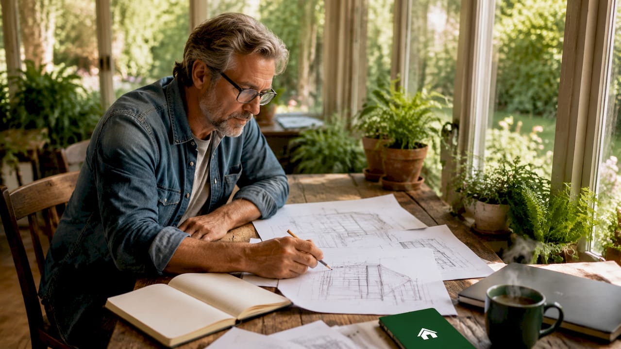 Man planning cabin build at wooden desk