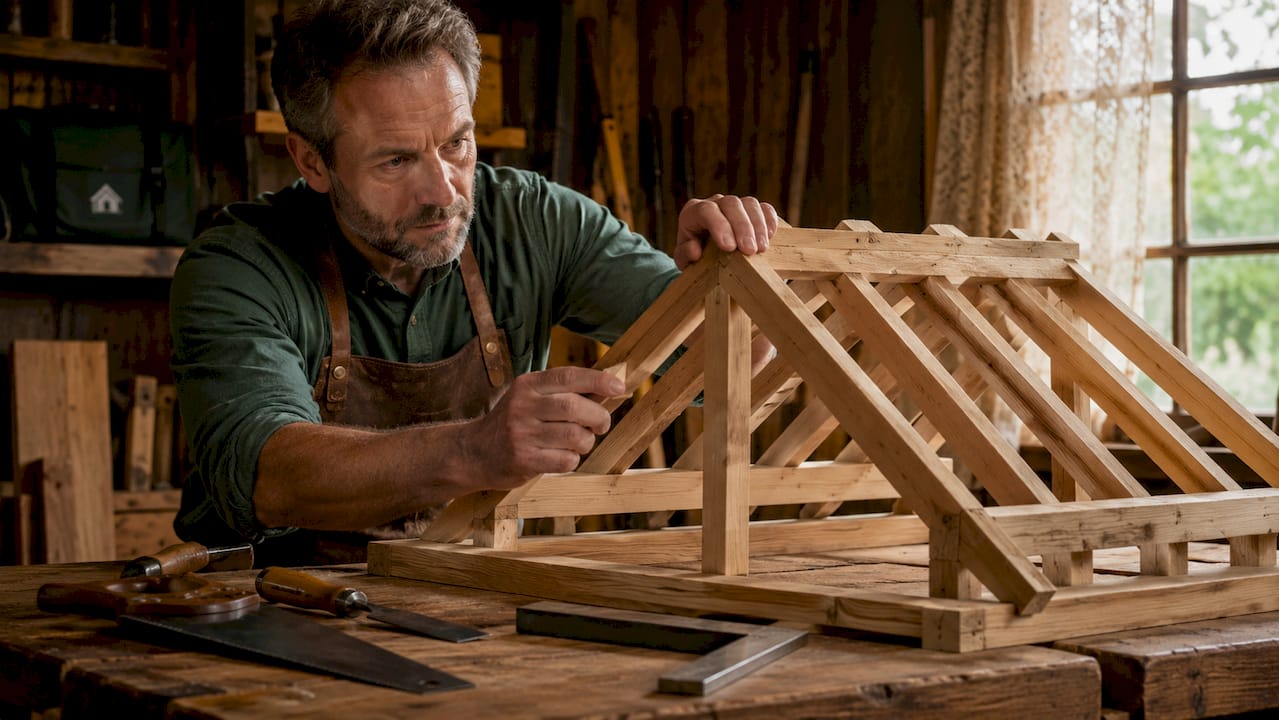 Carpenter examining apex cabin roof model