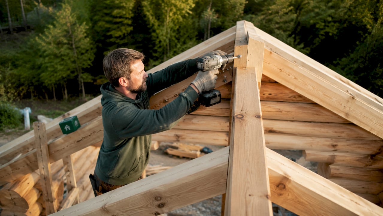 Close-up of builder attaching rafters to ridge board